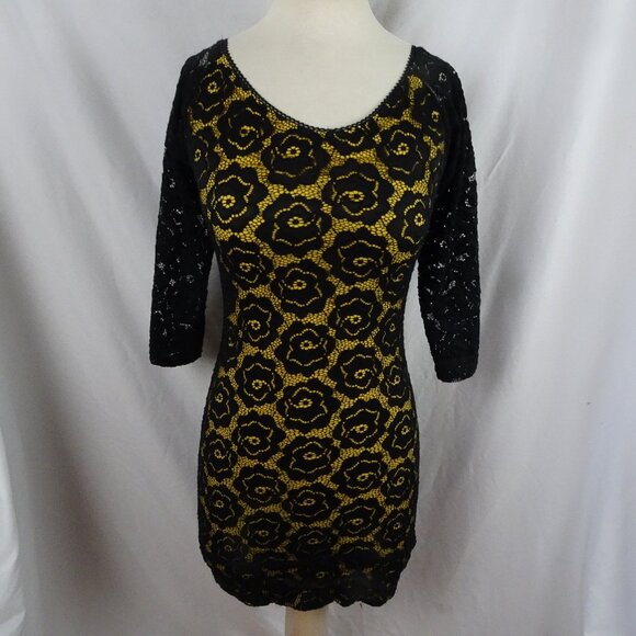 Women Yellow and Black Lace Floral Dress - Picture 1 of 7